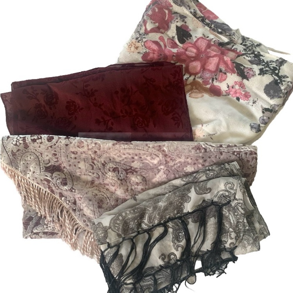 Lot (4) Scarves Gorgeous Textured Maroon Black Fringe Velvet Sheer Floral Goth